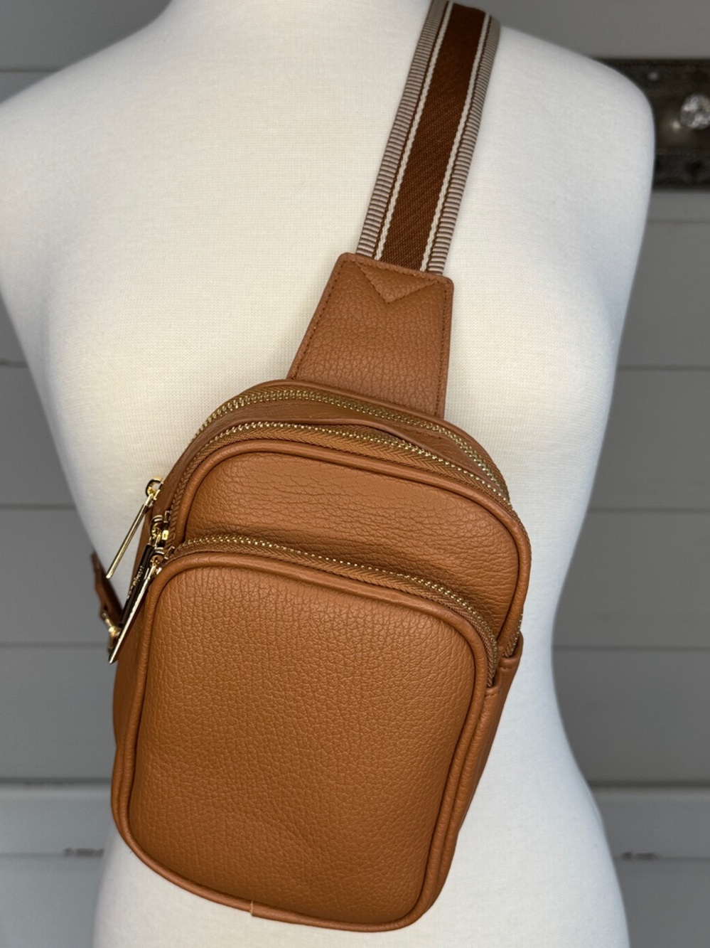 Women's Tan Crossbody Sling Bag with Striped Adjustable Strap